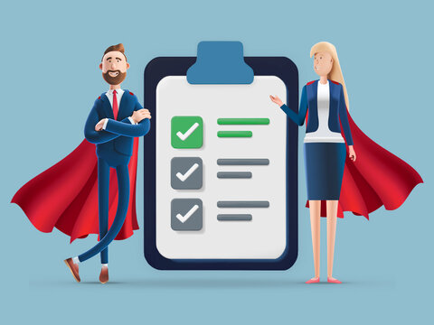 The graphic features a light design with two cartoon-style figures in superhero capes standing beside a clipboard with green checkmarks.