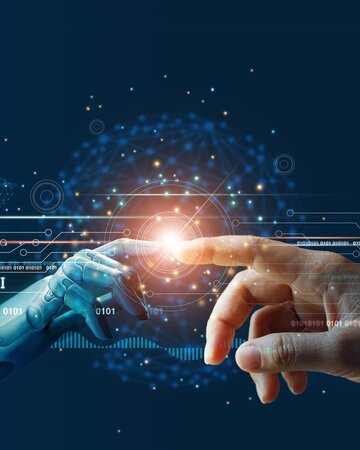 Computer-generated illustration of a robotic hand and a human hand touching fingertips against a digital background.