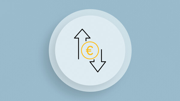 Symbolic image with an icon for money, behind which there are two arrows. One points upwards, one points downwards.