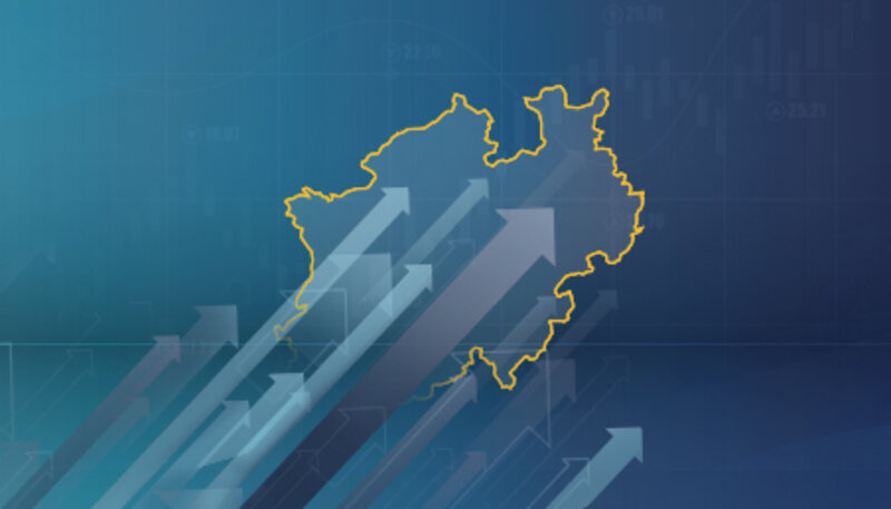 The graphic features a light design with a map outline in a yellow border, set against a blue background with several upward-pointing arrows.