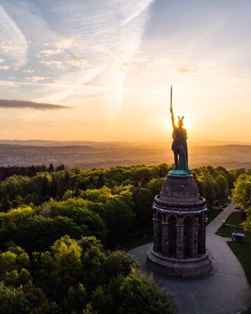 Hermannsdenkmal in the Teutoburg Forest near Detmold in the Ostwestfalen-Lippe region at sunset.