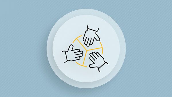 Symbolic image with three hands pointing towards each other.