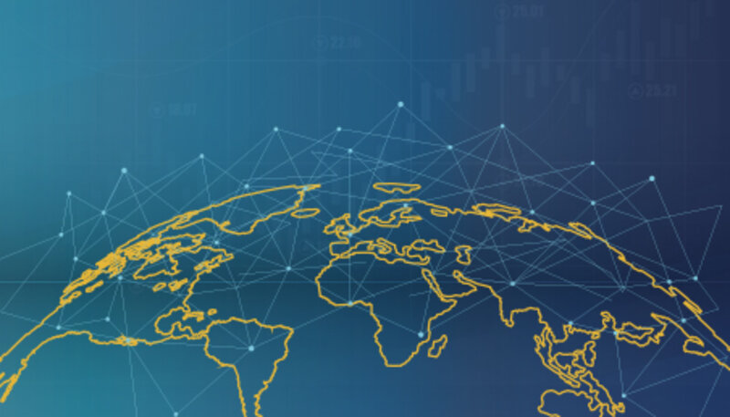 Computer-generated graphic of a world map with yellow outlines of several continents, overlaid with network lines and dots.