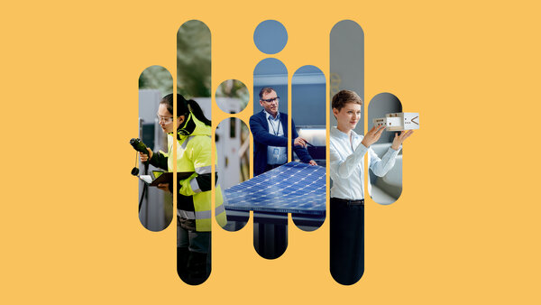 Graphic collage on a yellow background, featuring people working on technology, solar panels and architectural models.