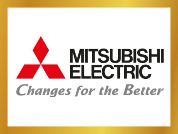 Mitsubishi Electric company logo on a white background, with the slogan “Changes for the Better” underneath and a gold border.