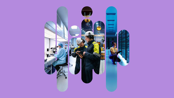 Graphic collage featuring people in a clean room laboratory, two workers wearing helmets in an industrial hall, and a woman in a server room on a purple background.