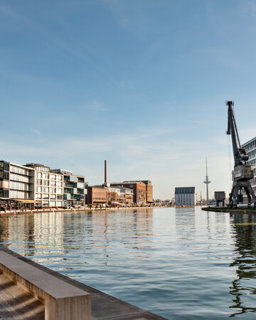 Münster city harbour with waterfront promenade in the Münsterland region.