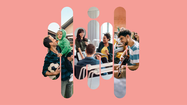 Graphic collage featuring a father and child with a football, a group of people laughing and talking, and a man with a guitar on a pink background.