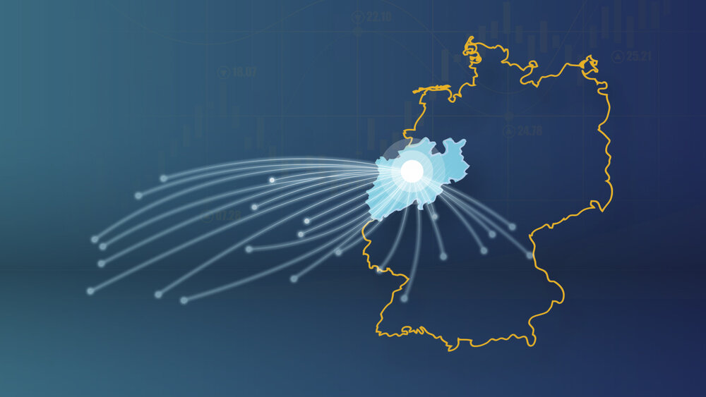 Computer-generated graphic of a map of Germany with a yellow border, highlighting the federal state of North Rhine-Westphalia with lines extending from it.